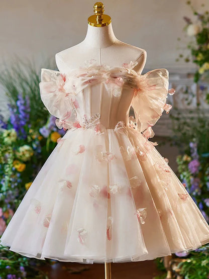 Vintage Pink 3D Flower Design A-line Off-the-shoulder Homecoming Dress, D1359