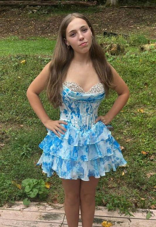 Stunning Homecoming Dress Sweetheart Cascade Rinestone Back to School Outfits Party Dress D6823