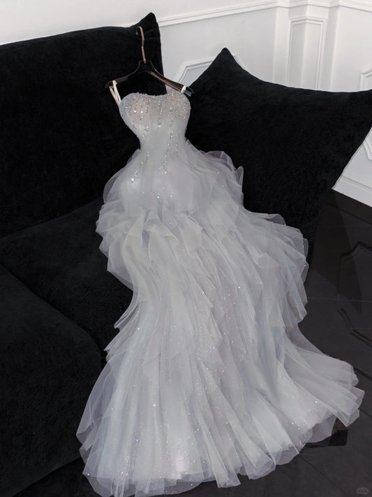 Fashion Sparkling White Beaded Sequin Mermaid Elegant Tulle Evening Dress Prom Dresses D1633