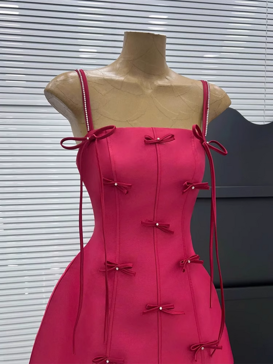 New Rose Pink Spaghetti Strap Bow Design A-line Party Dresses Homecoming Dresses, D1383