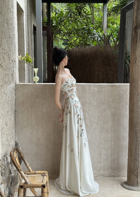 Elegant White Spaghetti Straps A-Line Flower Long Evening Party Dresses, D1044