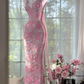 Vintage Gorgeous Pink Floral V-neck Applique Elegant Chiffon Long Evening Dress Prom Dresses D1607