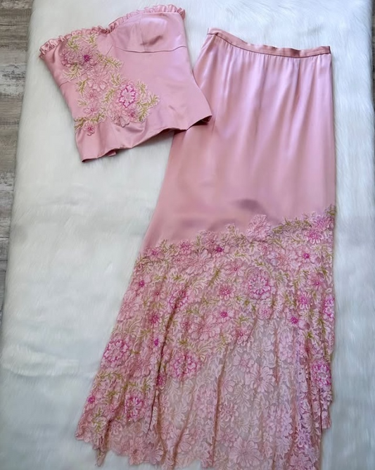 Lovely Pink Two Pieces Strapless Sheath Satin Long Party Dress Birthday Outfits, D918
