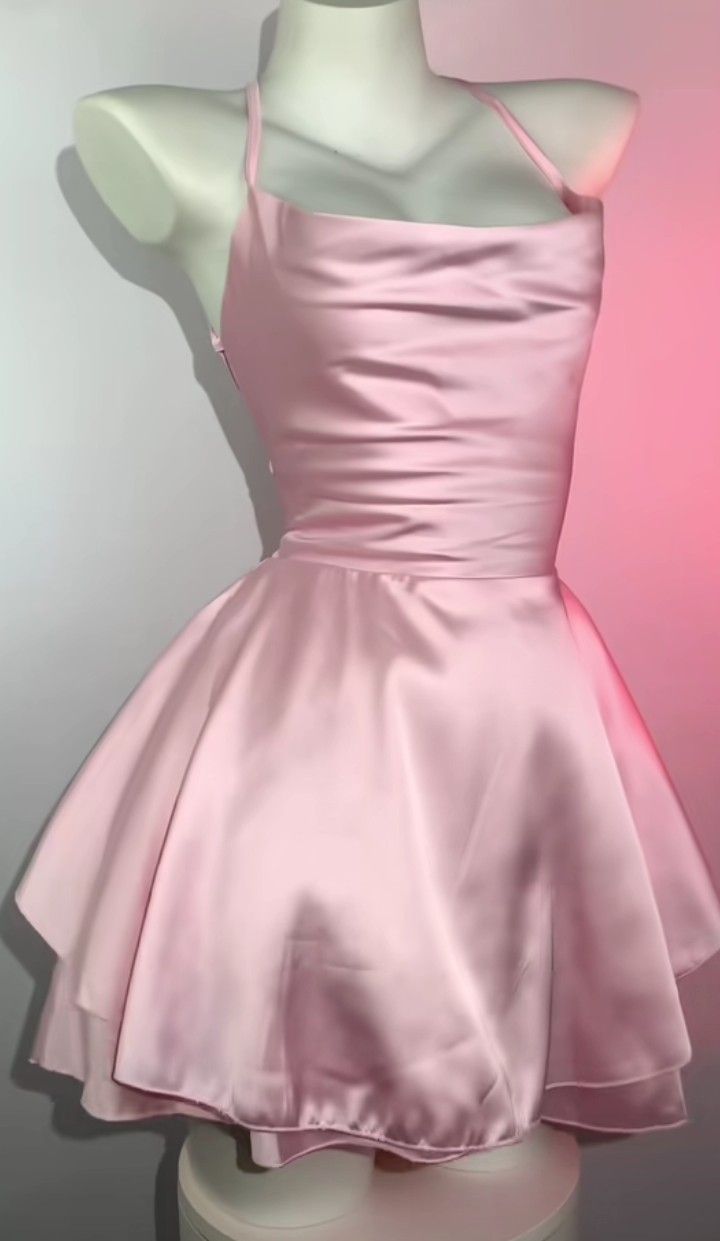 New Homecoming Dress Pink Spaghetti Strap Pleated Back to School Outfits Party Dress D6664