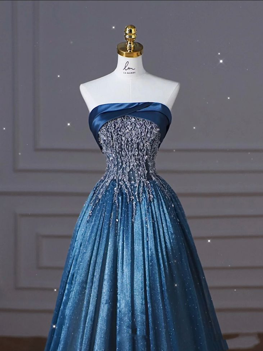 Navy Blue Strapless A-Line Beading Satin long Formal Party Dress MD7474