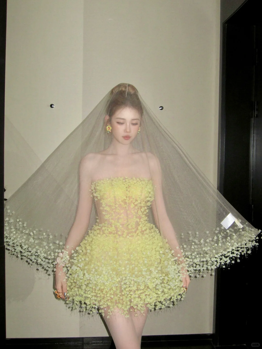 Fashion Yellow Sequined Strapless A-Line Veil Design Tulle Party Dress Homecoming Dress D1712