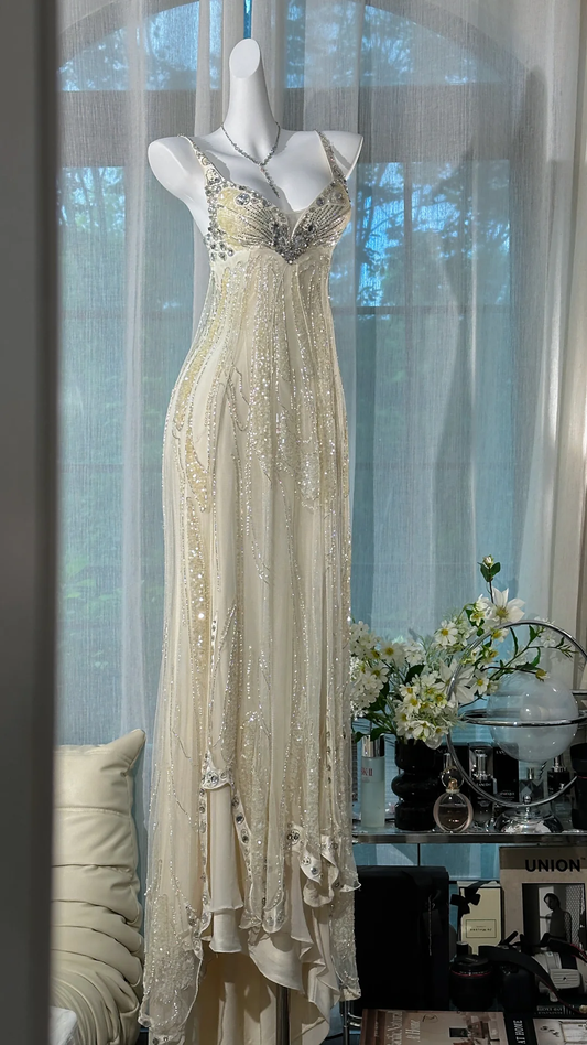 Gorgeous Shiny Beige Beaded Sequin Spaghetti Strap Design Chiffon Prom Dress Evening Dress  D1704