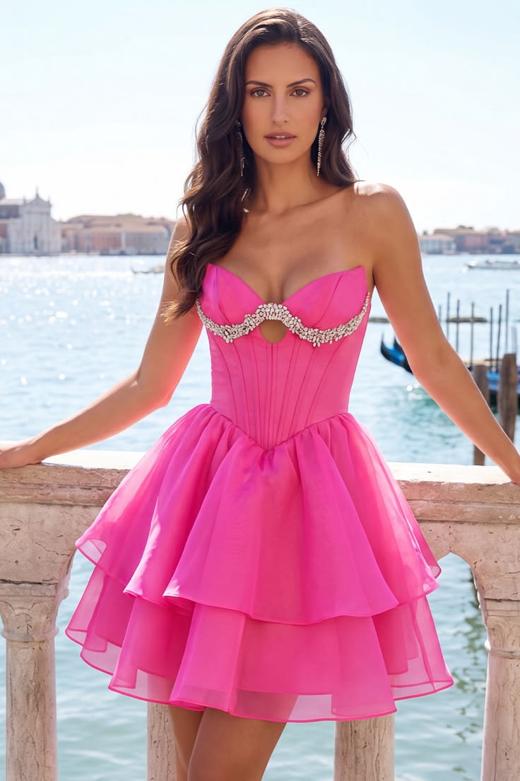 Unique Homecoming Dress Sweetheart Rinestone Tulle Cascade Back to School Outfits Party Dress D7823