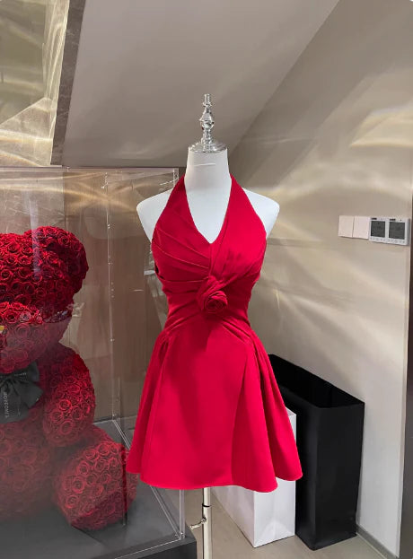 New Homecoming Dress Halter Pleated Flower Back to School Outfits Party Dress D7614