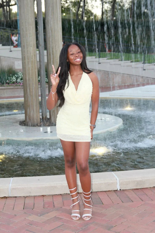 New Homecoming Dress Halter V Neck Bead Pearl Back to School Outfits Party Dress D7581