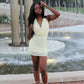 New Homecoming Dress Halter V Neck Bead Pearl Back to School Outfits Party Dress D7581