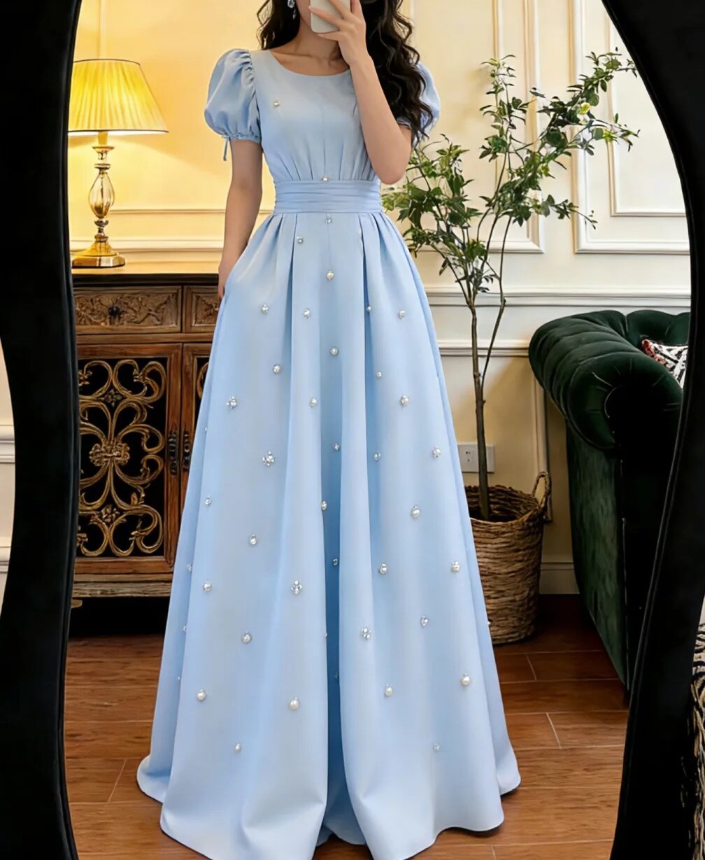 A line light blue formal dress for prom