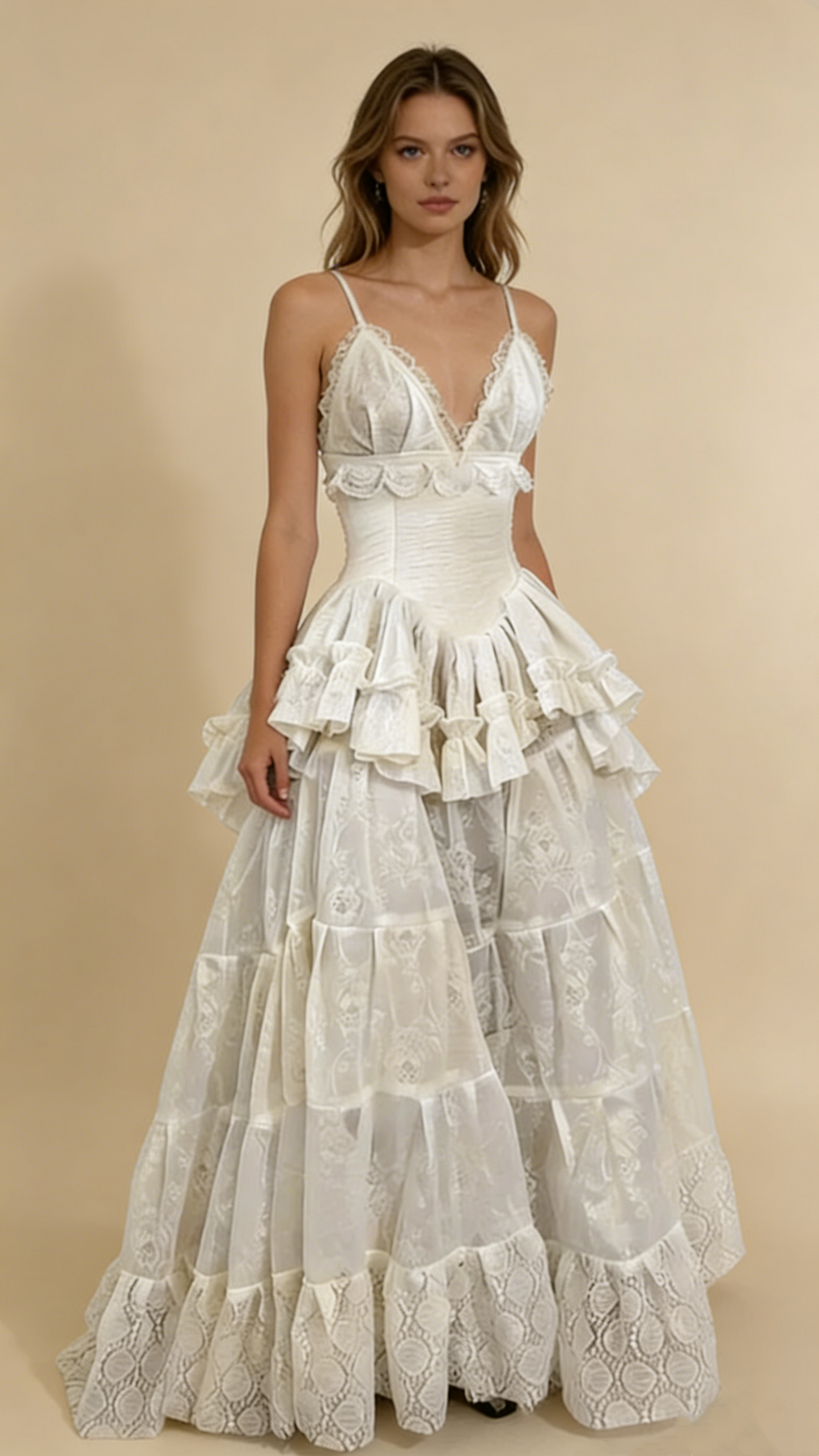 A line long white wedding dress model wear