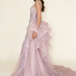 Pink mermaid evening gown model wearing side view