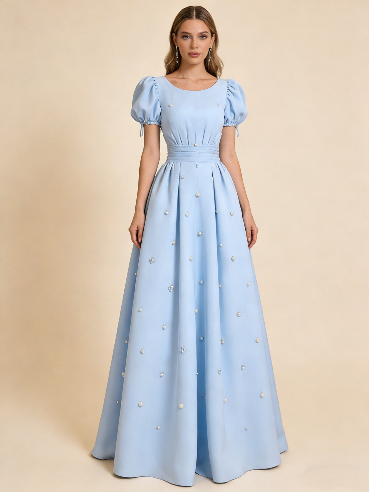 A line light blue formal dress for prom