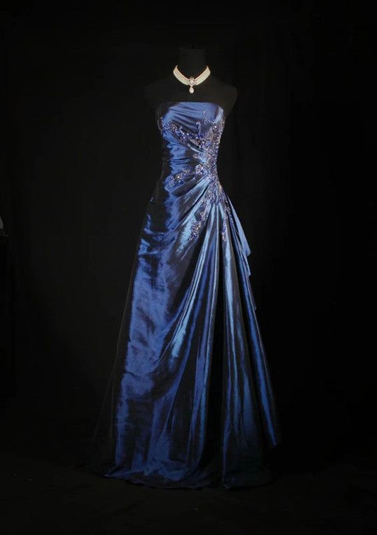 Navy blue satin A line evening dress for prom