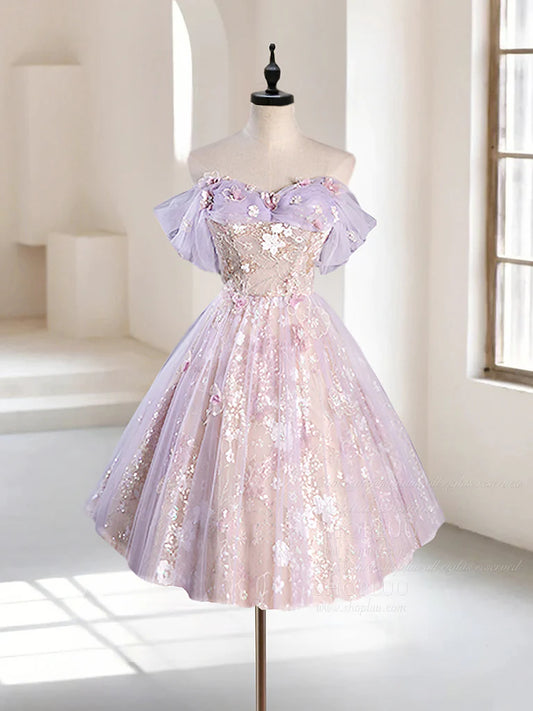 Vintage Light Purple Applique Floral Beaded Off-the-shoulder Design A-line Tulle Party Dress Homecoming Dress D1542