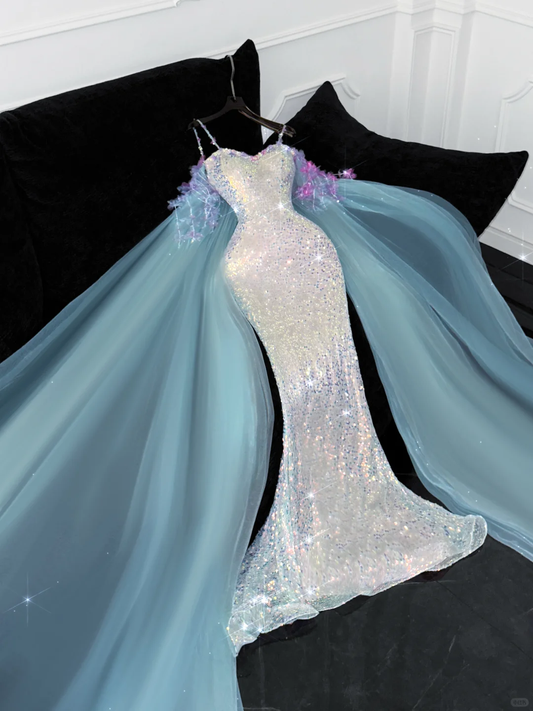 Vintage Glänzende Pailletten Liebsten Spaghetti Strap Design Meerjungfrau Ballkleid Abendkleid D1684