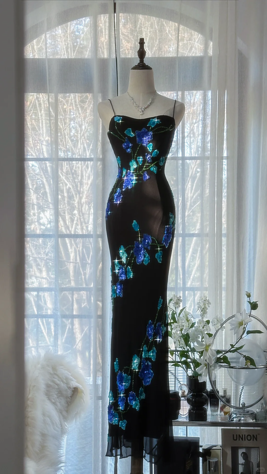 Retro Black Floral Spaghetti Strap Design Romantic Chiffon Evening Dress Prom Dress  D1508