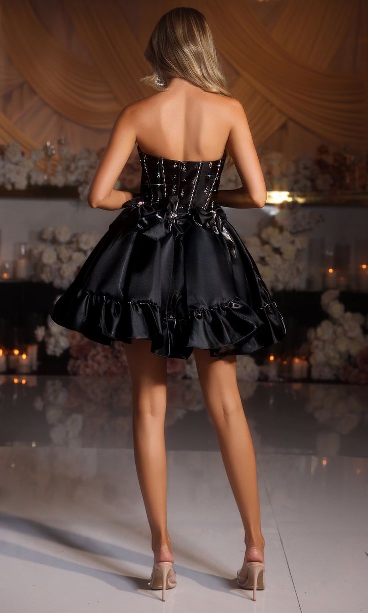 Beauty Homecoming Dress Strapless Rinestone Bowknot Pleated Flouncing Back to School Outfits Party Dress D7104