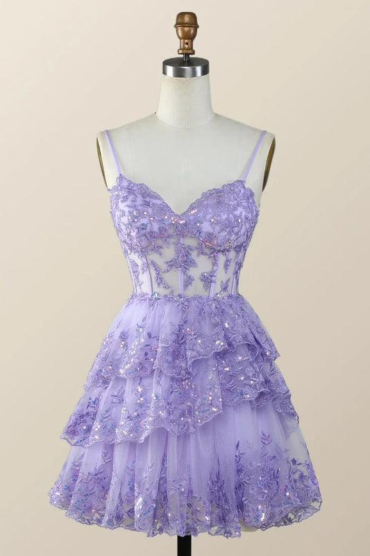 Vintage Purple Sequined Design A-line Spaghetti Strap Tiered Homecoming Dress, D1357