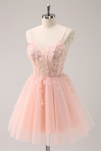 Vintage Pink 3D Flowers Design A-line Sleeveless Spaghetti Strap Homecoming Dress , D1369
