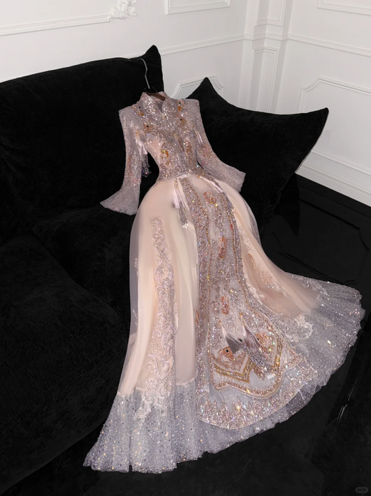 Gorgeous Sparkling Pink Beaded Sequin A-Line Romantic Chiffon Evening Dress Prom Dresses D1631