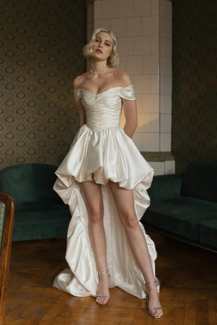 Elegant Wedding Dress White Off the Shoulder Pleated Hi-Lo Wedding Dress Prom Dress D7230