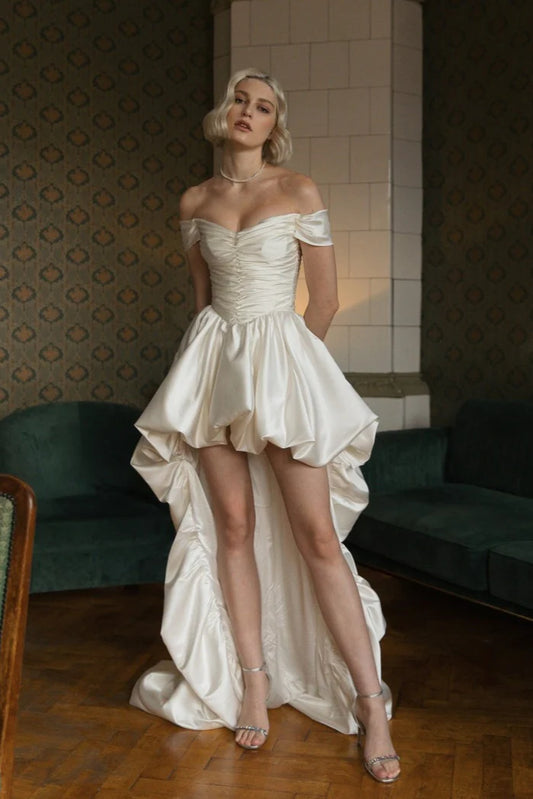 Elegant Wedding Dress White Off the Shoulder Pleated Hi-Lo Wedding Dress Prom Dress D7230
