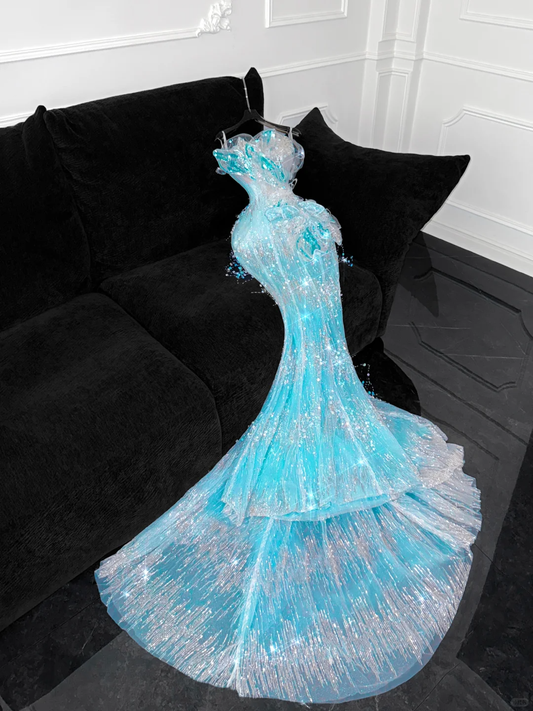 Gorgeous Sparkling Blue Beaded Sequin Mermaid Elegant Chiffon Tulle Evening Dress Prom Dresses D1615