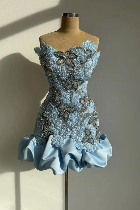 Chic Homecoming Dress Strapless Pleaed Beading Flower Rinestone Back to School Outfits Party Dress  D7400