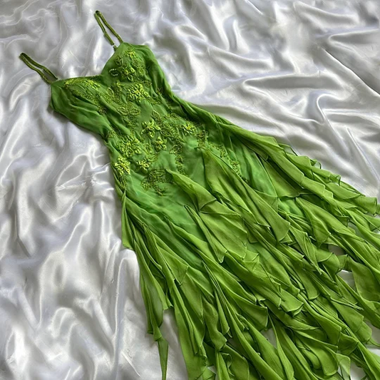 Robe fourreau verte à bretelles spaghetti et volants, style vintage, longue, tenue de soirée, MD7499