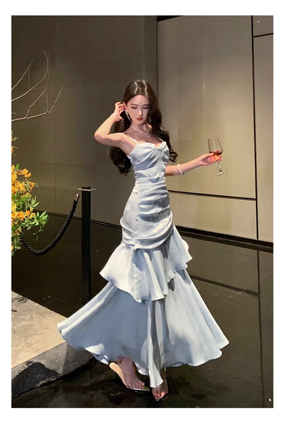 Vintage Blue Sweetheart Spaghetti Strap Mermaid Ruffled Hem Design Sexy Prom Dress Evening Dress D1731
