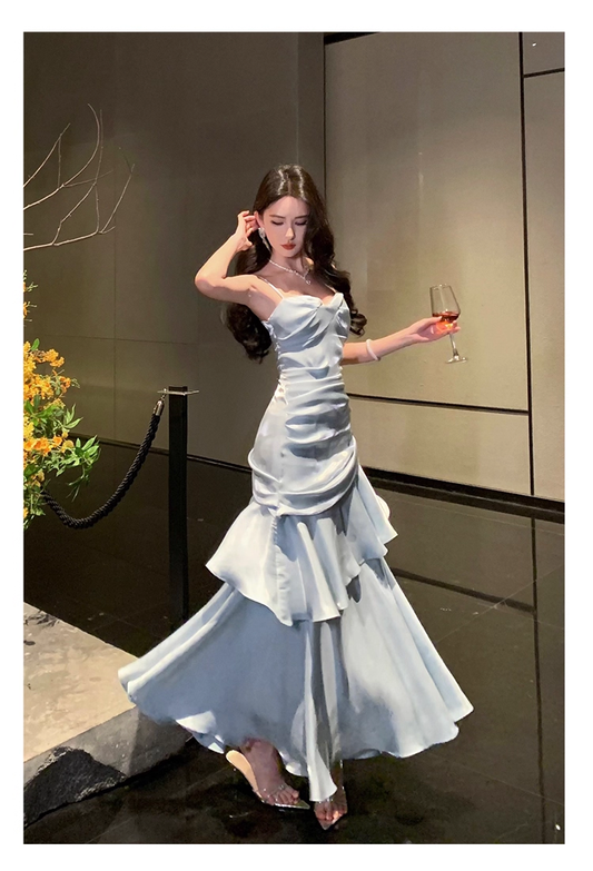 Vintage Blue Sweetheart Spaghetti Strap Mermaid Ruffled Hem Design Sexy Prom Dress Evening Dress D1731