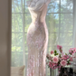 Elegant Light Pink Floral Applique Romantic Chiffon Evening Dress Prom Dresses D1610