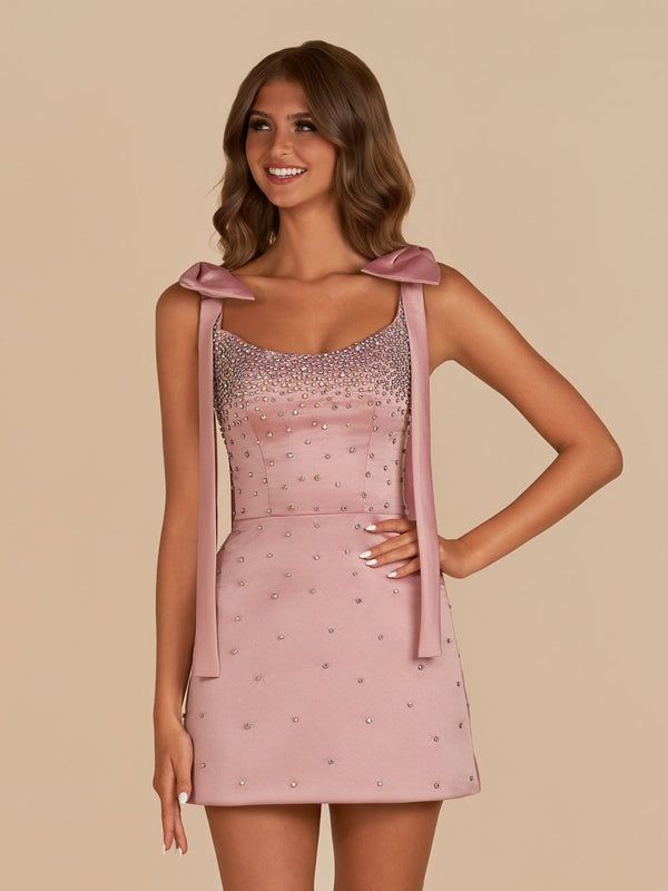 Unique Homecoming Dress Spaghetti Strap Bowknot Rinestone Back to School Outfits Party Dress D7820