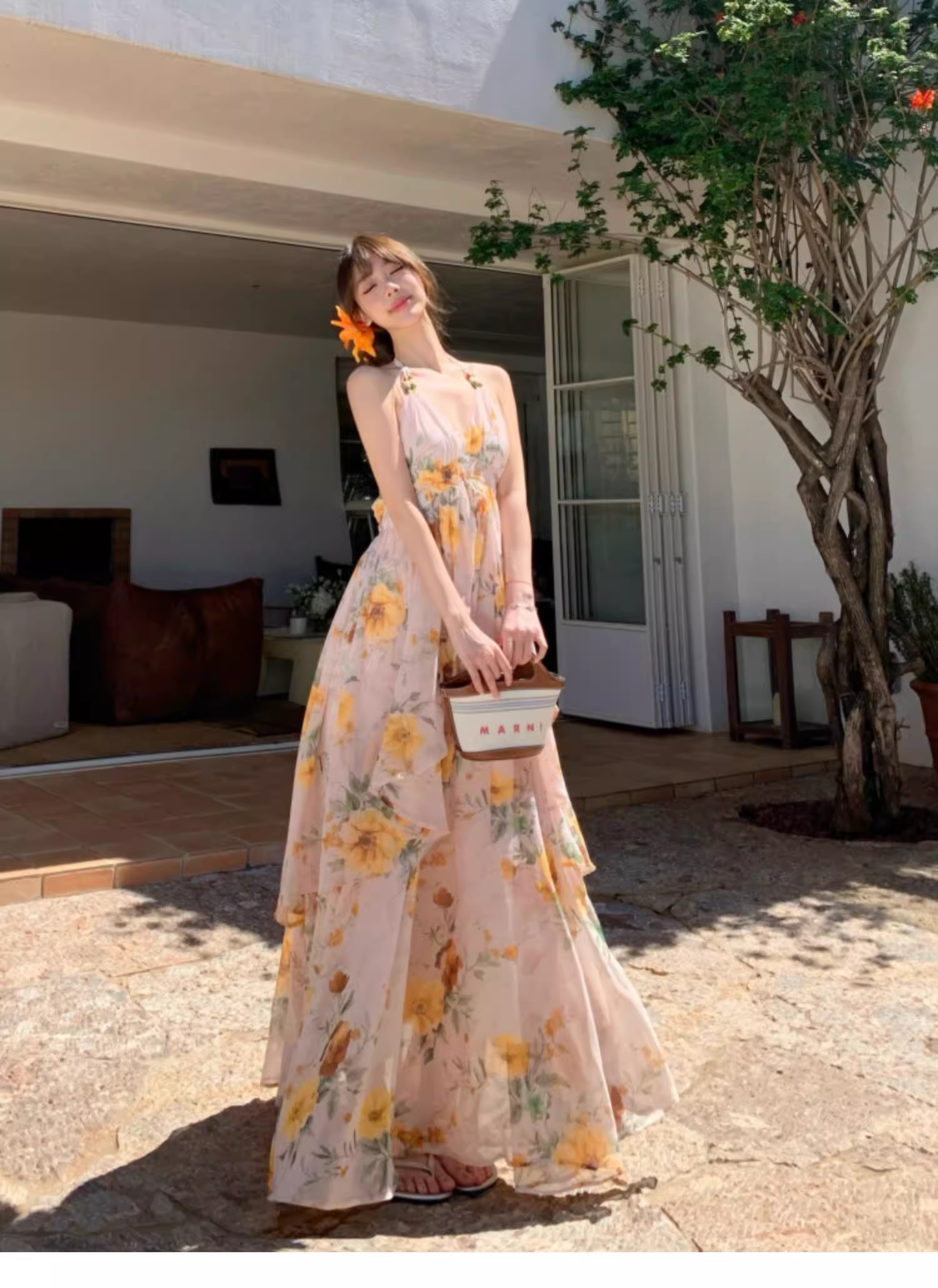 New Fashion Floral V-neck Design Elegant Beach Holiday A-line Sleeveless Halter Dress Summer Dress, D1723