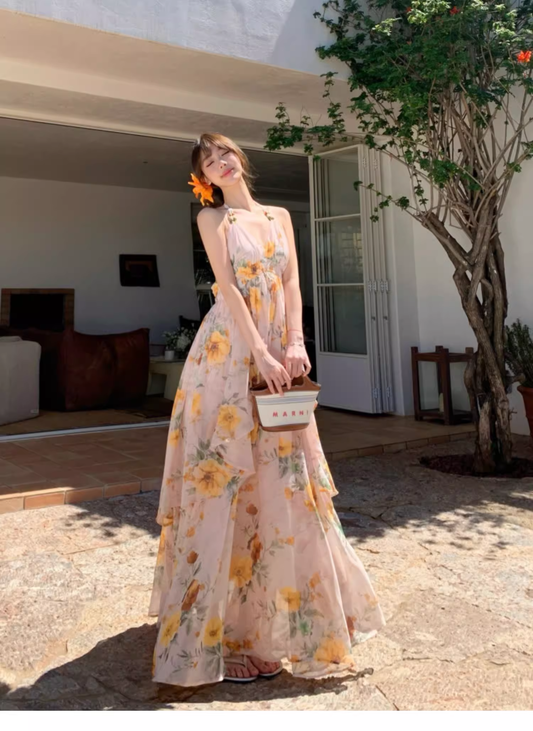 New Fashion Floral V-neck Design Elegant Beach Holiday A-line Sleeveless Halter Dress Summer Dress, D1723