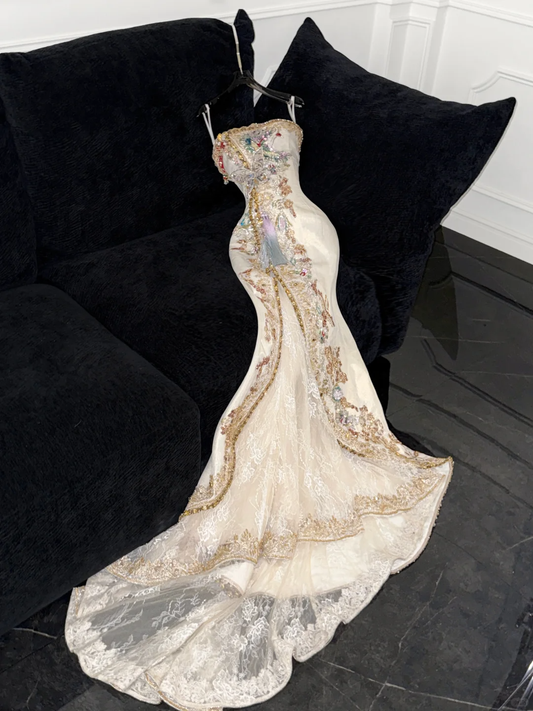 Sparkling Beige Beaded Sequined Design Elegant Mermaid Prom Dress Evening Dress D1695