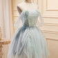 Vintage Light Blue Beaded Off-the-shoulder Design A-line Tulle Party Dress Homecoming Dress D1546