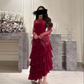 Wine Red Long Sleeves A-Line Tiered Long Formal Prom Dress MD7342