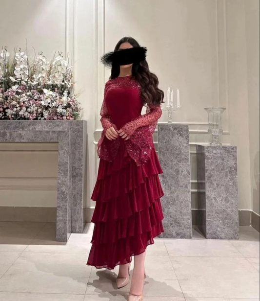 Wine Red Long Sleeves A-Line Tiered Long Formal Prom Dress MD7342
