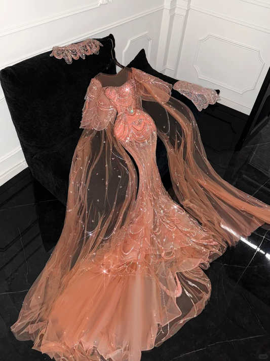 Gorgeous Shiny Orange Beaded Sequined Design Mermaid Prom Dress Evening Dress D1691