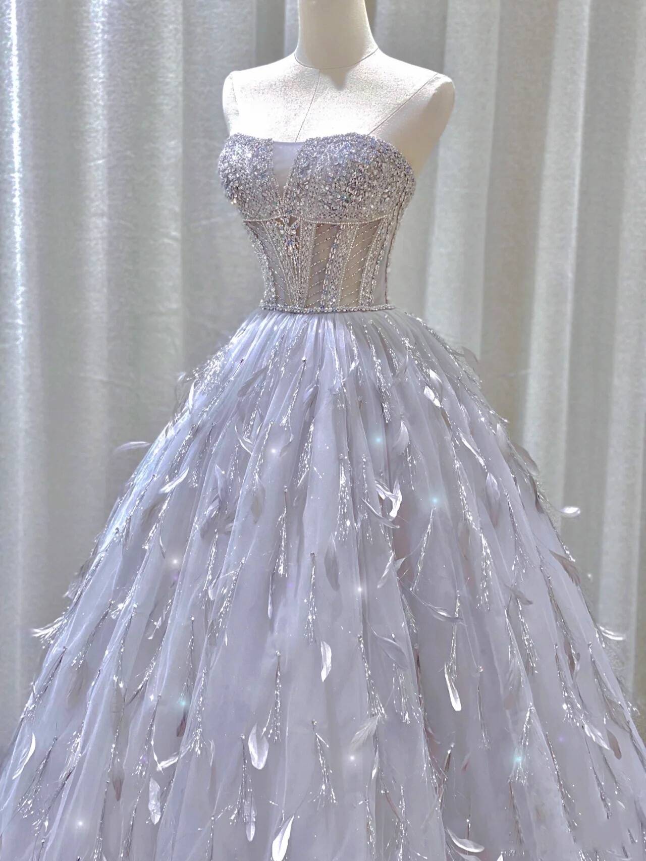 Stunning Strapless A-Line Tulle Long Prom Dress Evening Gown, MD7866
