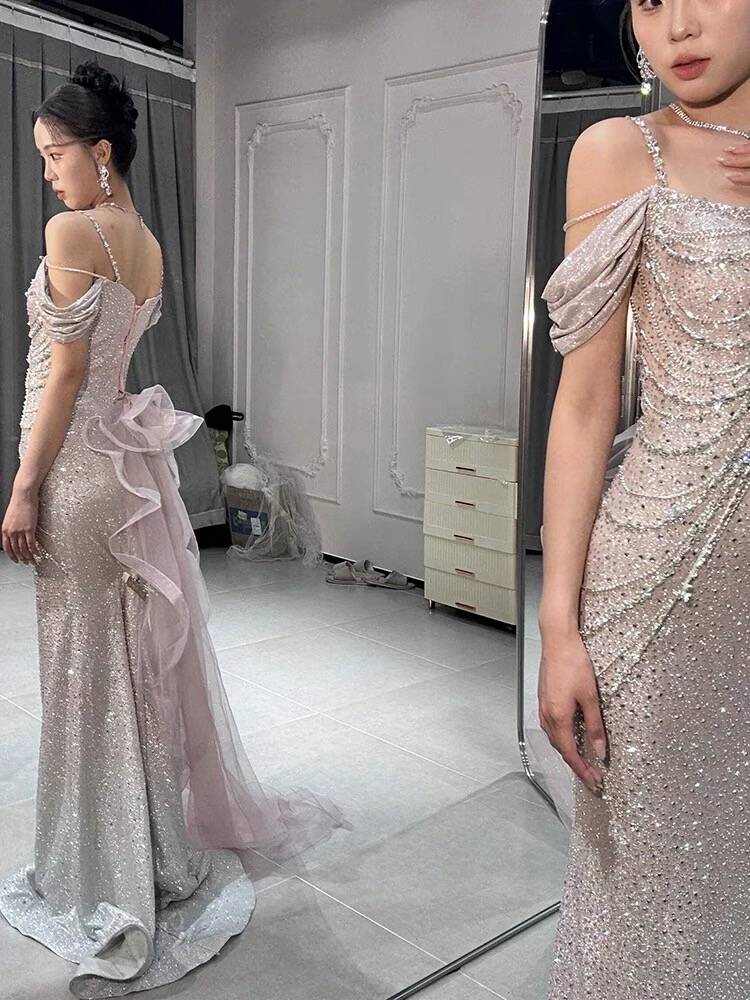 Pink Straps Off Shoulder Beading Mermaid Long Formal Party Dress, D282