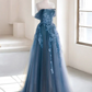 Green tulle lace long prom dress A line evening dress M5323