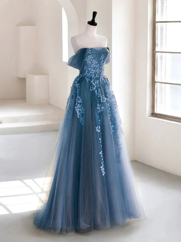 Green tulle lace long prom dress A line evening dress M5323