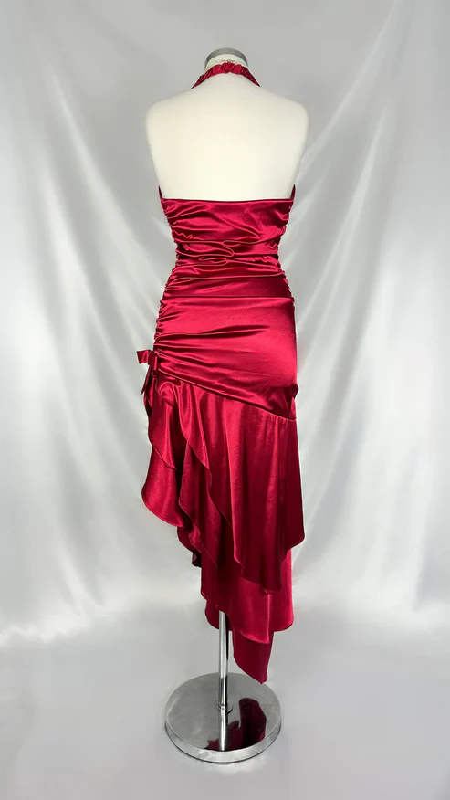 Vintage Wine Red Halter Satin Long Evening Party Dress Birthday Outfits, D406