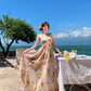 New Fashion Floral V-neck Design Elegant Beach Holiday A-line Sleeveless Halter Dress Summer Dress, D1723