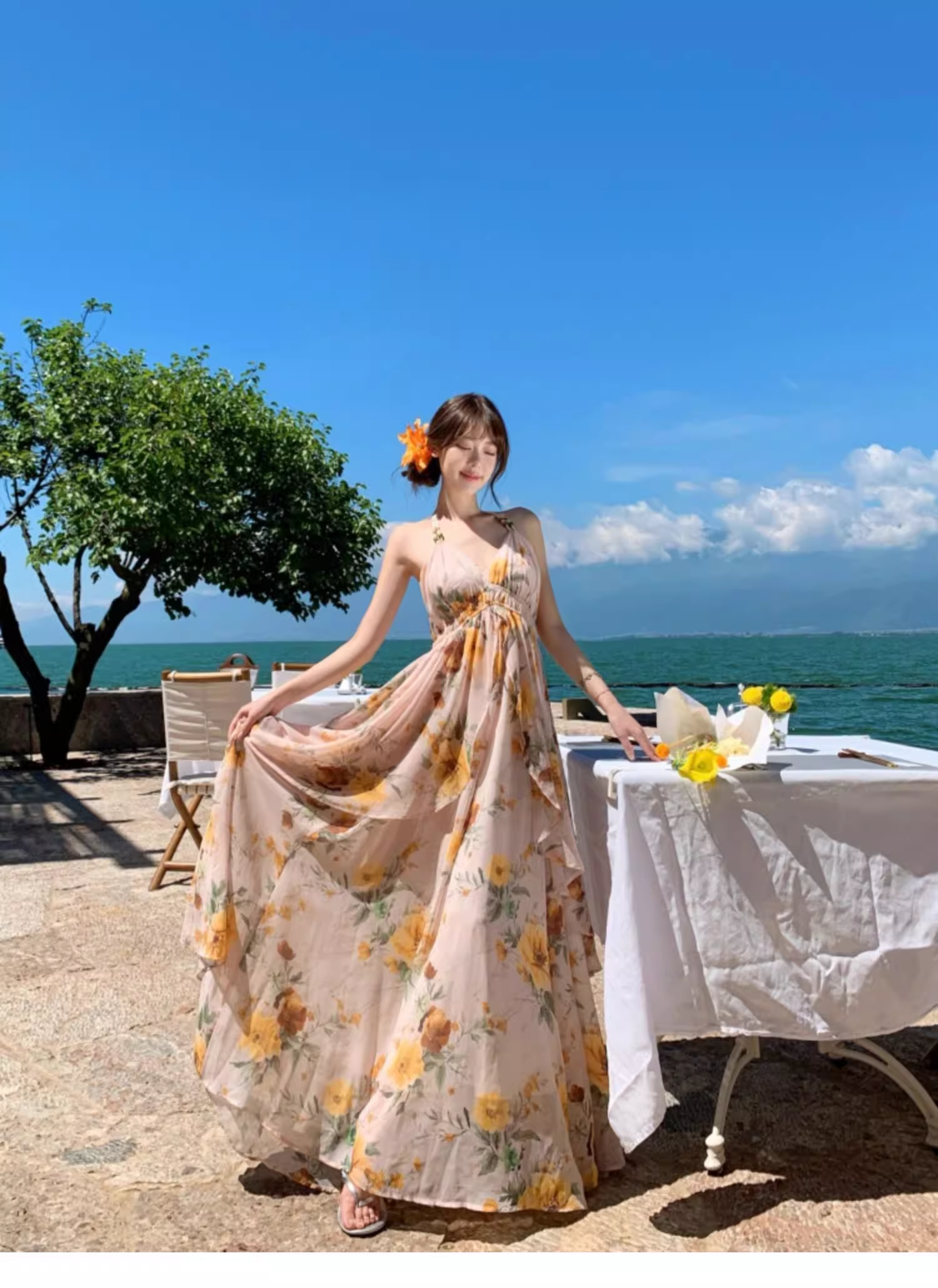New Fashion Floral V-neck Design Elegant Beach Holiday A-line Sleeveless Halter Dress Summer Dress, D1723